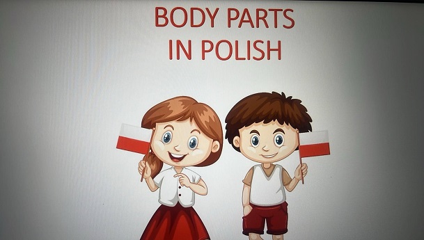 na obrazku znajduję się chłopiec i dziewczynka, którzy trzymają flagę biało- czerwoną Polski, jest napis również Body Parts in Polish