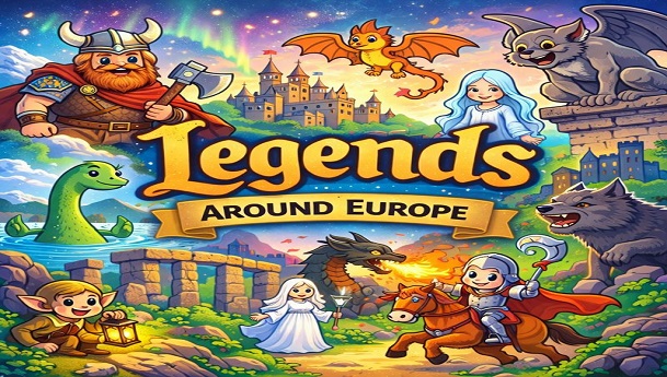 Na obrazku znajdują się postaci z różnych europejskich legend.